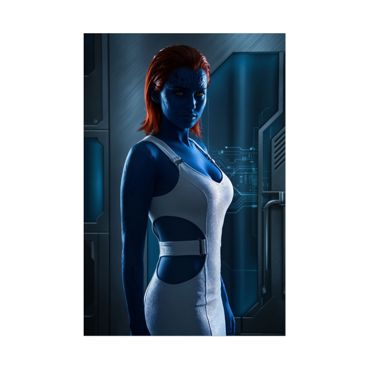 Mystique Poster, Marvel Art Print  Iconic Shapeshifter Heroine Wall Art featuring vivid blue Mystique character portrait on semi-gloss 260 g/m paper