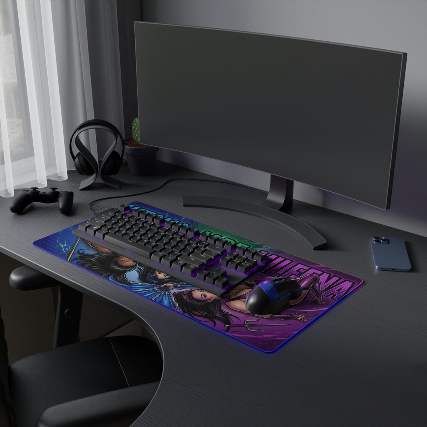 Kitana Jade Mileena RGB Desk Mat, Mortal Kombat Gaming Mouse Pad, LED Desk Mat on gaming setup with RGB lighting and character artwork