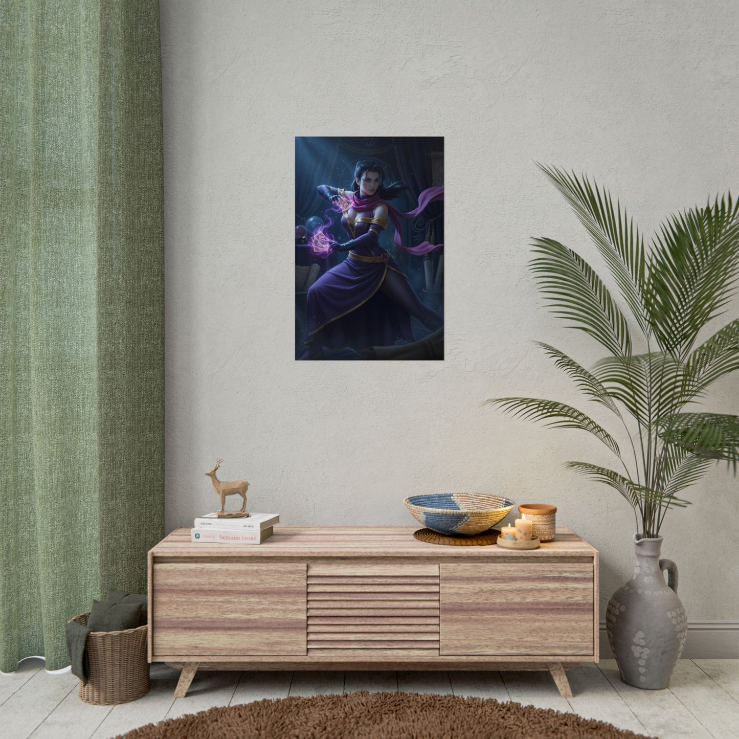 Rose Poster, Street Fighter Art Print – Iconic Mystic Heroine Wall Art showing elegant mystical heroine in purple costume with glowing pink energy