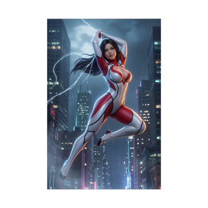 Spider-Woman Poster, Marvel Wall Art Print – Heroine Decor showing dynamic heroine in red white suit swinging over rainy city skyline