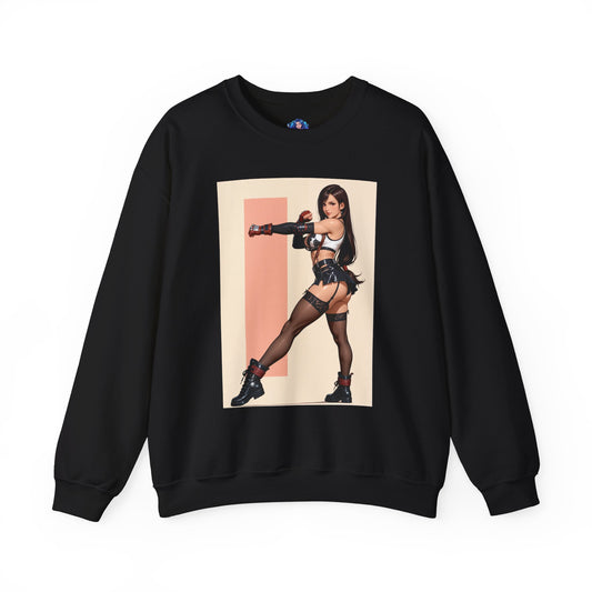 Tifa Lockhart Sweatshirt, FF7 Heroine Crewneck, Gaming Streetwear for Collectors - black crewneck with anime-style Tifa art