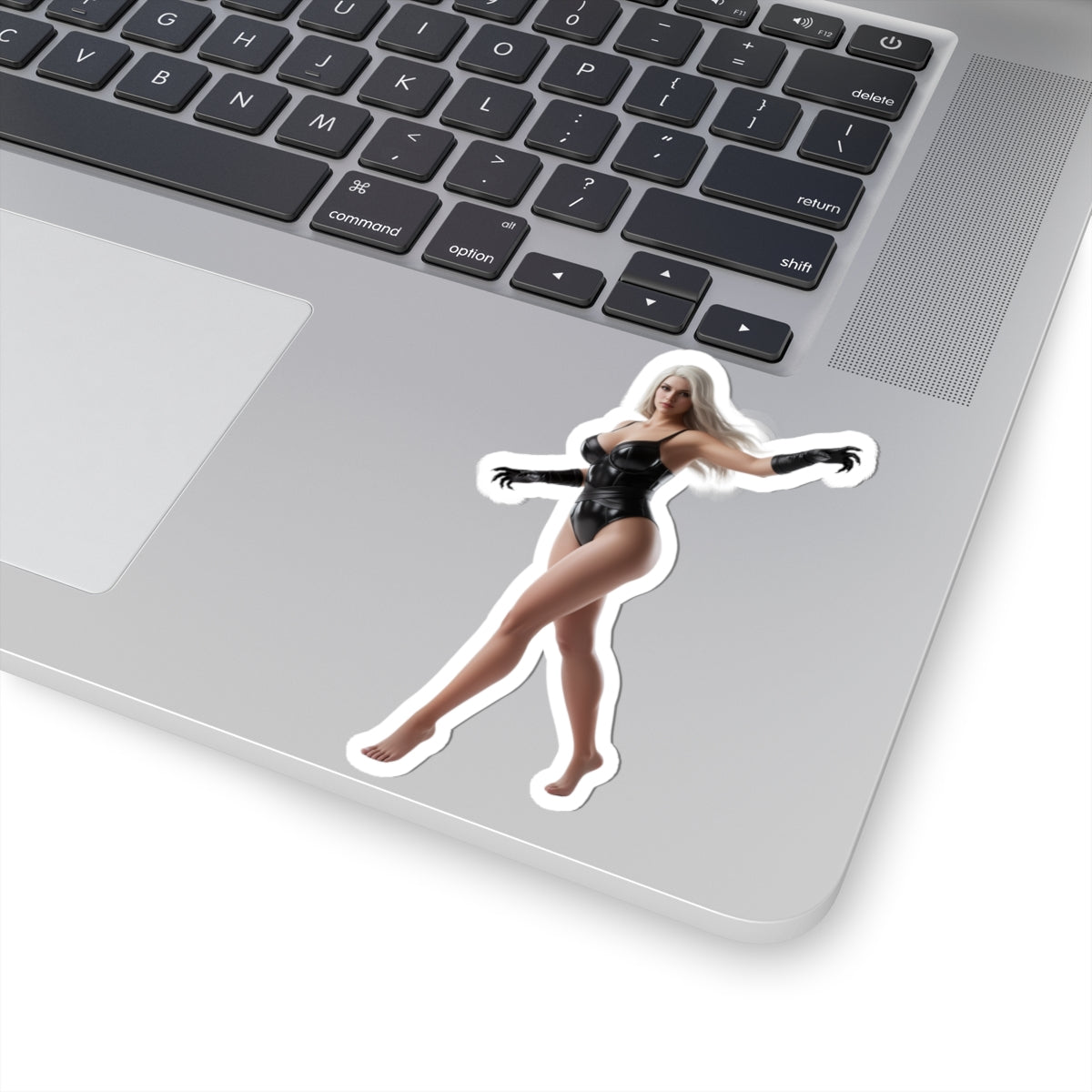 Black Cat Sticker – Comic Character Vinyl Sticker for Laptops & Indoor Decor showing glossy, durable vinyl comic-style catwoman figure applied to silver laptop corner