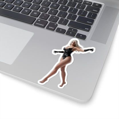 Black Cat Sticker – Comic Character Vinyl Sticker for Laptops & Indoor Decor showing glossy, durable vinyl comic-style catwoman figure applied to silver laptop corner