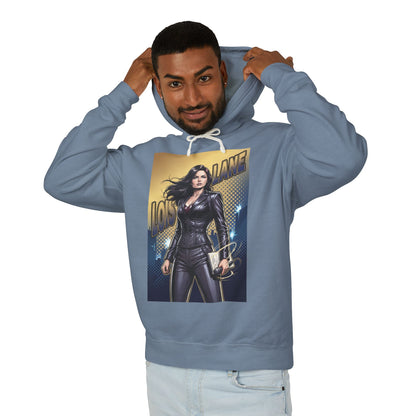 Lois Lane Hoodie | DC Comics Hoodie | Fearless Reporter Pullover - model wearing blue hoodie with Lois Lane graphic, relaxed fit, 100% ring-spun U.S. cotton