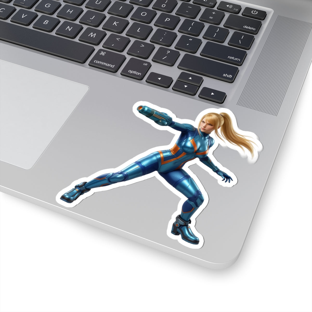 Samus Aran Sticker – Futuristic Game Vinyl Sticker for Laptops & Indoor Decor on laptop showing glossy durable vinyl, vibrant colors, bubble-free application