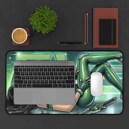 EVE Desk Mat, Stellar Blade Mouse Pad, Sci-Fi Gaming Setup Desk Decor — glossy neon-armored character on large non-slip mouse pad with stitched edges