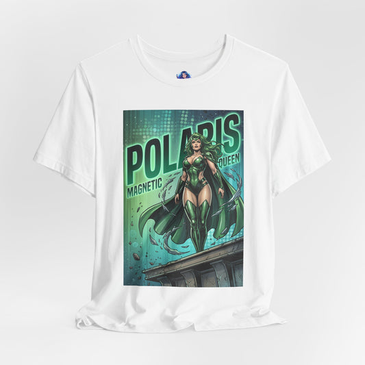 Polaris T-Shirt | Marvel X-Men Anime Tee for Gamers & Fans front view showing comic-style Polaris illustration with green magnetic effects on Bella Canvas 3001 tee