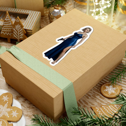 Grace Ashcroft Sticker, Resident Evil Sticker, Gaming Desk Decor, Gift for Gamer on a gift box showing glossy vinyl decal of Grace Ashcroft in blue dress