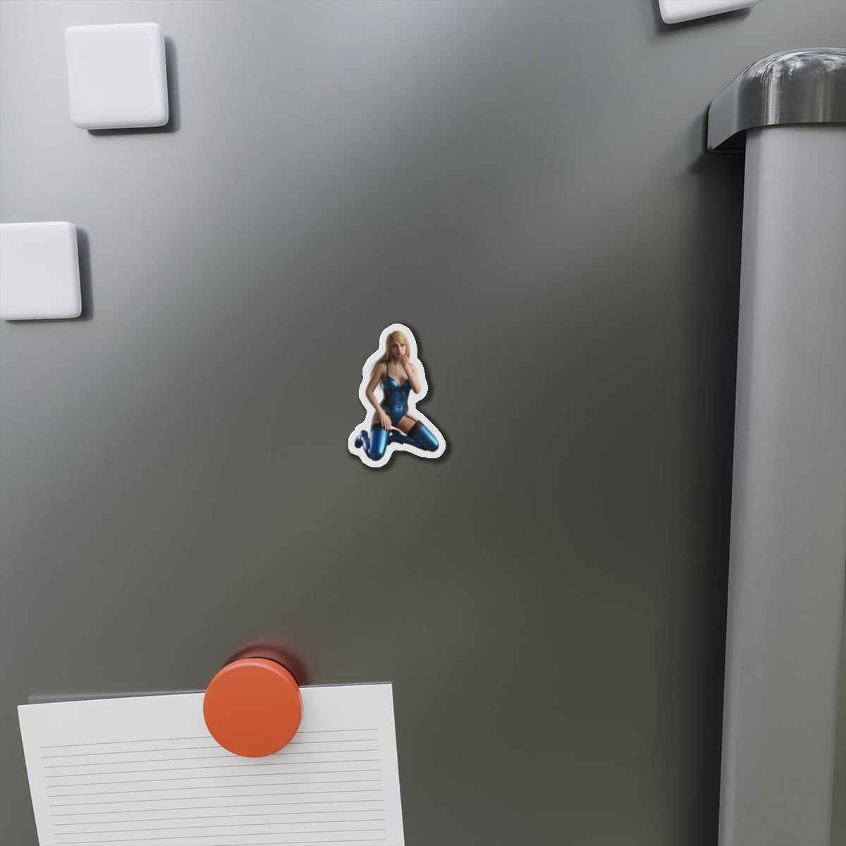 Samus Aran Magnet – Sci-Fi Game Heroine Fridge Magnet, Anime Style Decor: die-cut vinyl fridge magnet of Samus Aran in anime-style pose