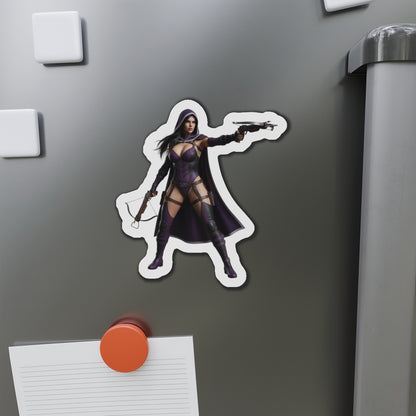 Huntress Magnet – DC Comic Heroine Fridge Magnet, Anime Style Decor showing die-cut vinyl Huntress in purple tactical outfit on a fridge