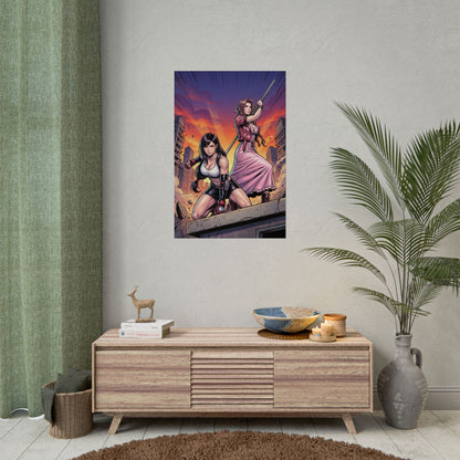 Tifa Lockhart & Aerith Gainsborough Poster / Tifa & Aerith Wall Art / Tifa & Aerith Art Print / Final Fantasy Poster - Tifa and Aerith united in dramatic battle pose