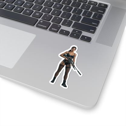Quiet Metal Gear Sticker – Stealth Game Vinyl Sticker for Laptops & Indoor Decor on silver laptop showing glossy tactical character vinyl sticker