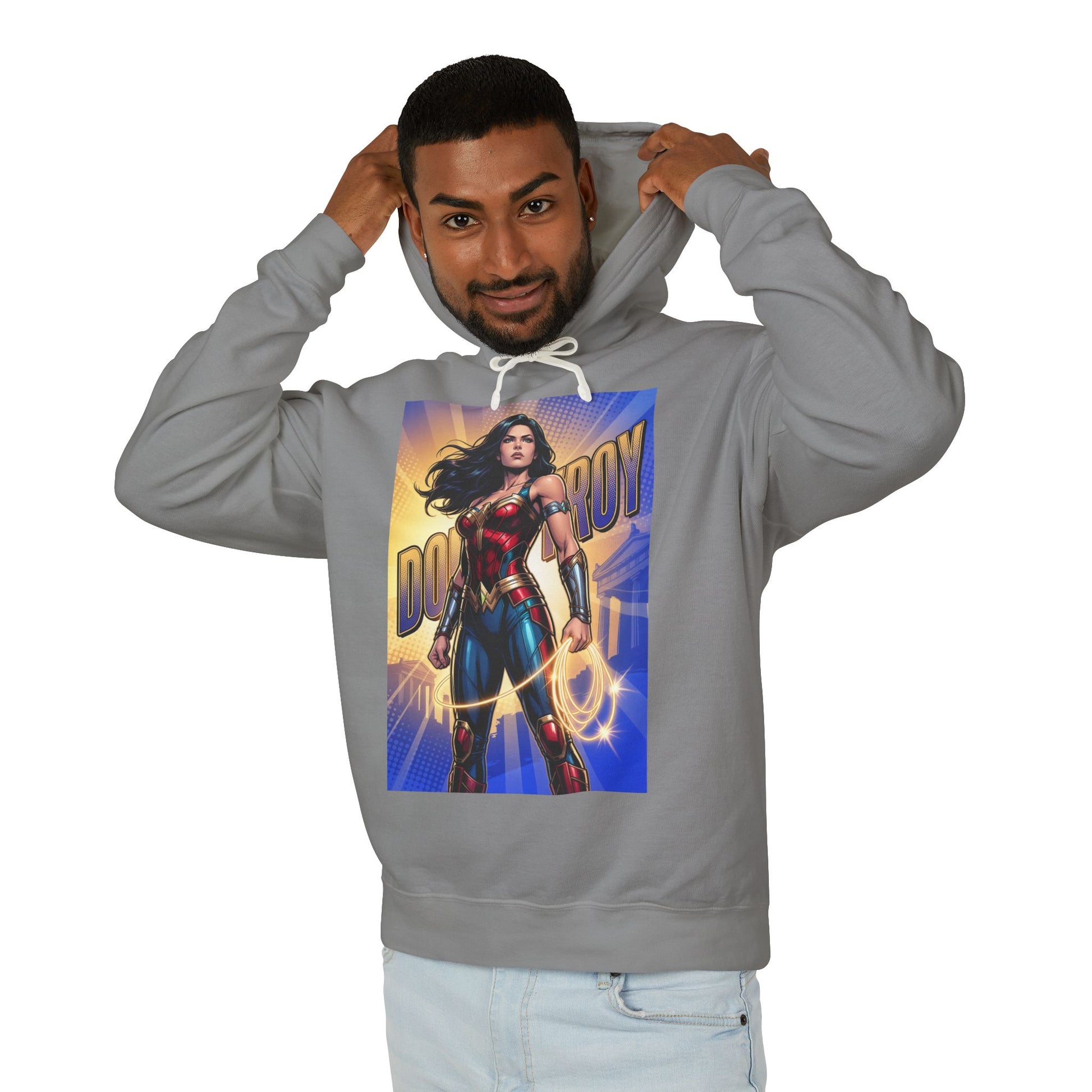 Donna Troy Hoodie | DC Superhero Hoodie | Amazon Legacy Pullover - gray pullover with Donna Troy graphic, lightweight 100% ring-spun U.S. cotton
