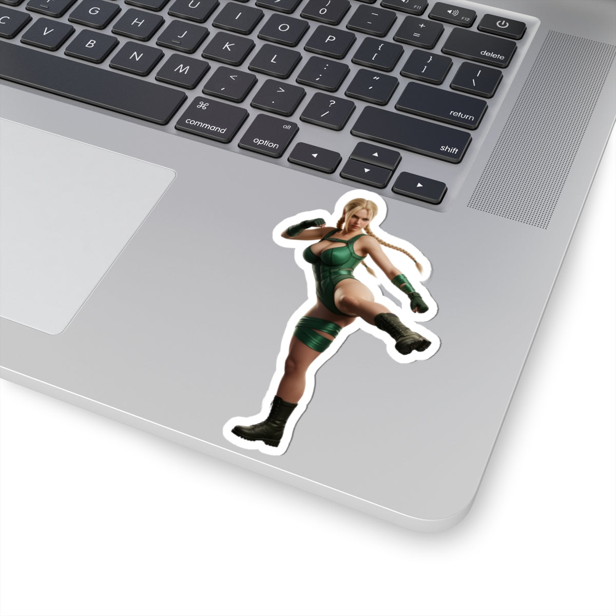 Cammy White Sticker – Street Fighter Vinyl Sticker for Laptops & Indoor Decor - glossy durable vinyl laptop decal showing Cammy in green outfit