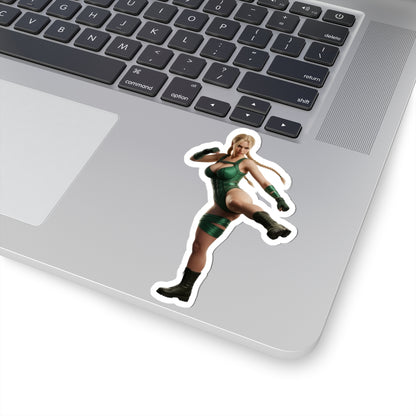 Cammy White Sticker – Street Fighter Vinyl Sticker for Laptops & Indoor Decor - glossy durable vinyl laptop decal showing Cammy in green outfit