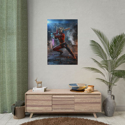 Harley Quinn Poster, DC Comics Art Print – Classic Comic Wall Decor displayed in modern living room over console, gaming and streaming setup-ready