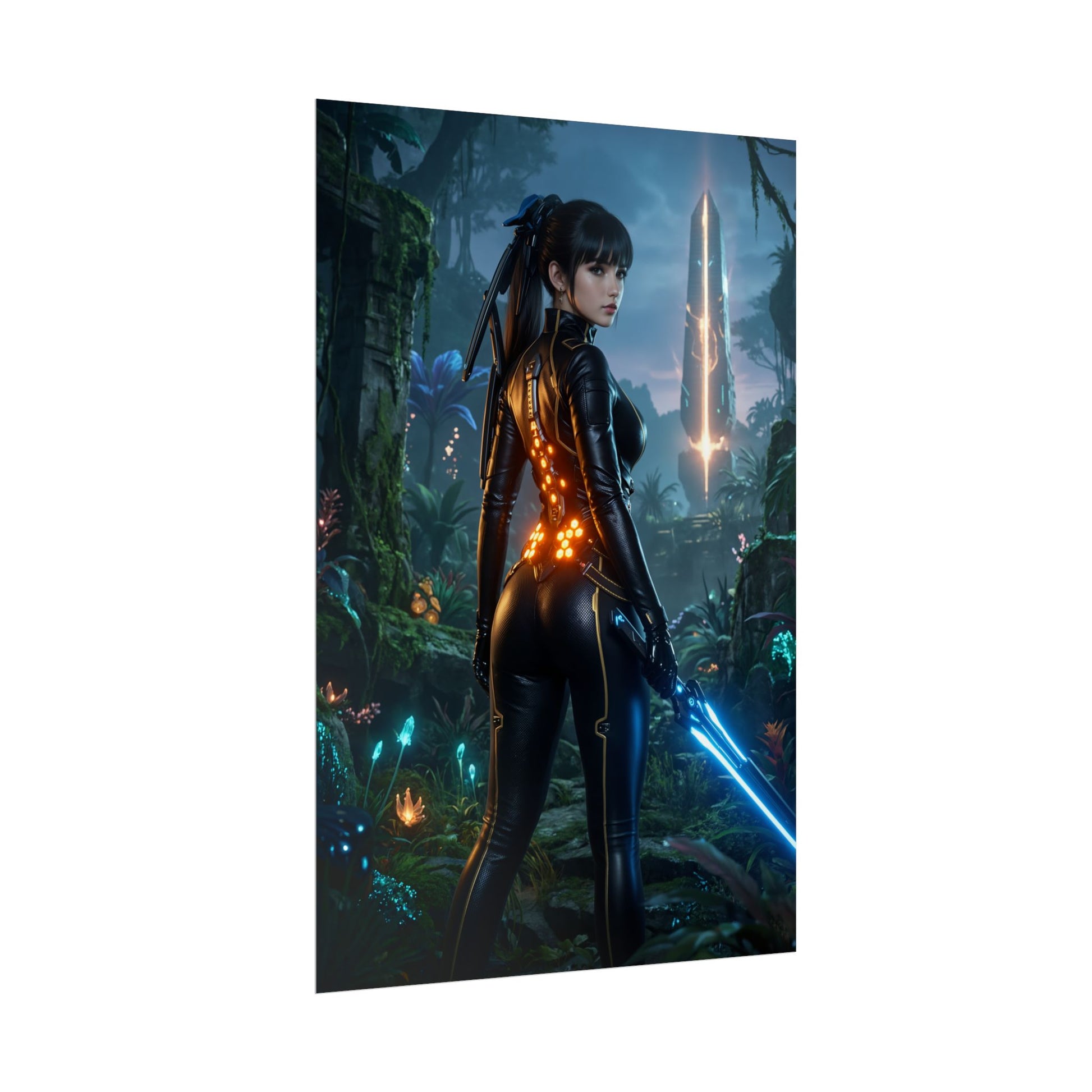 EVE Poster, Stellar Blade Print, Futuristic Combat Hero Wall Decor showing disciplined armored heroine with glowing sword in lush sci‑fi jungle