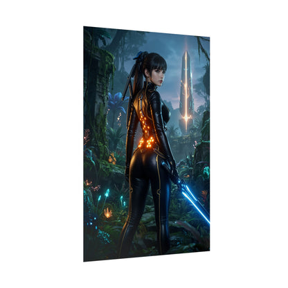 EVE Poster, Stellar Blade Print, Futuristic Combat Hero Wall Decor showing disciplined armored heroine with glowing sword in lush sci‑fi jungle