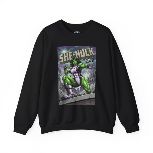 She-Hulk Sweatshirt, Marvel Crewneck, Powerful Superhero Fan Apparel - black crewneck with bold comic-style She-Hulk print
