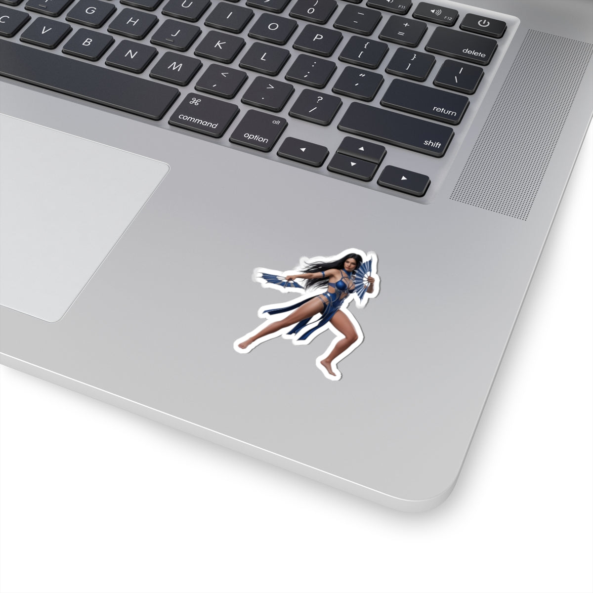 Kitana Sticker – Mortal Kombat Vinyl Sticker for Laptops & Indoor Decor on silver laptop, glossy durable vinyl, vibrant colors, bubble-free application