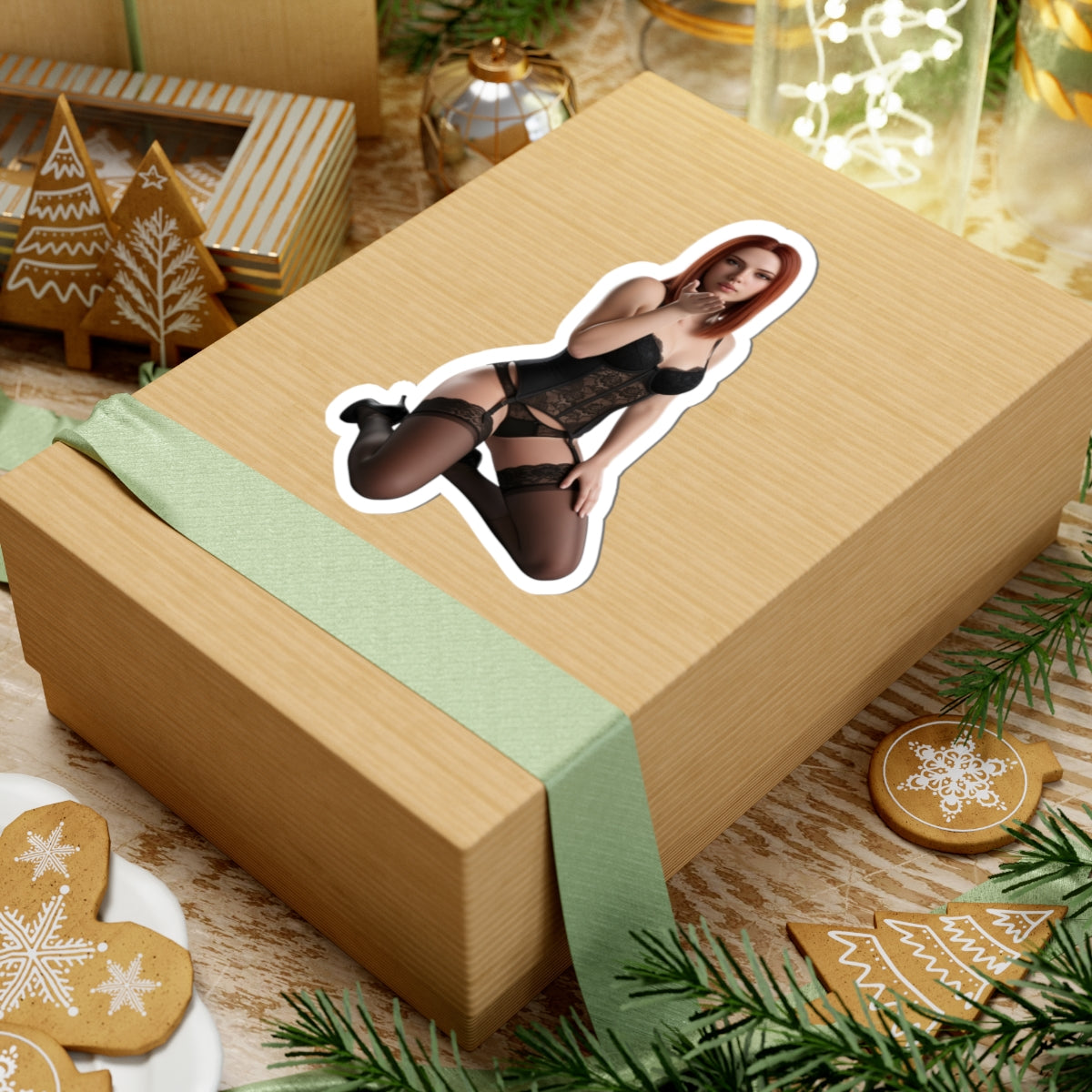 Black Widow Sticker – Comic Heroine Vinyl Sticker for Laptops & Indoor Decor on brown gift box, glossy durable vinyl cutout sticker