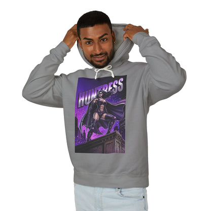 Huntress Hoodie | DC Vigilante Hoodie | Gotham Avenger Pullover – gray hoodie with graphic Huntress artwork on model