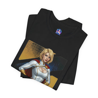 Power Girl T-Shirt | DC Comics Anime Tee for Gamers & Hero Fans featuring anime-style Power Girl illustration on a black Bella Canvas tee