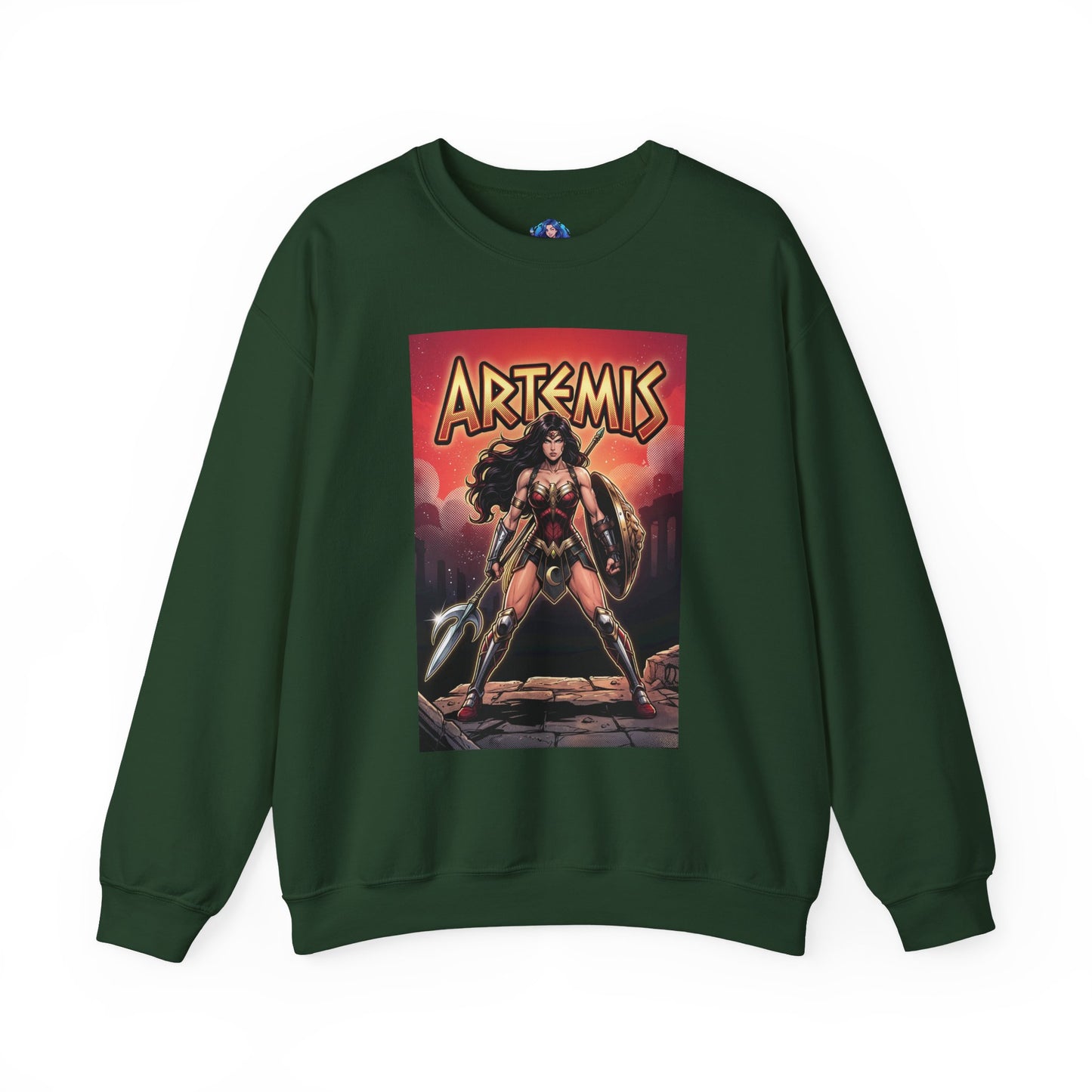 Artemis Sweatshirt, DC Comics Warrior Art, Premium Hero Apparel showing Artemis in armor with spear and shield on dark green crewneck