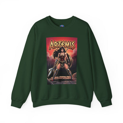 Artemis Sweatshirt, DC Comics Warrior Art, Premium Hero Apparel showing Artemis in armor with spear and shield on dark green crewneck