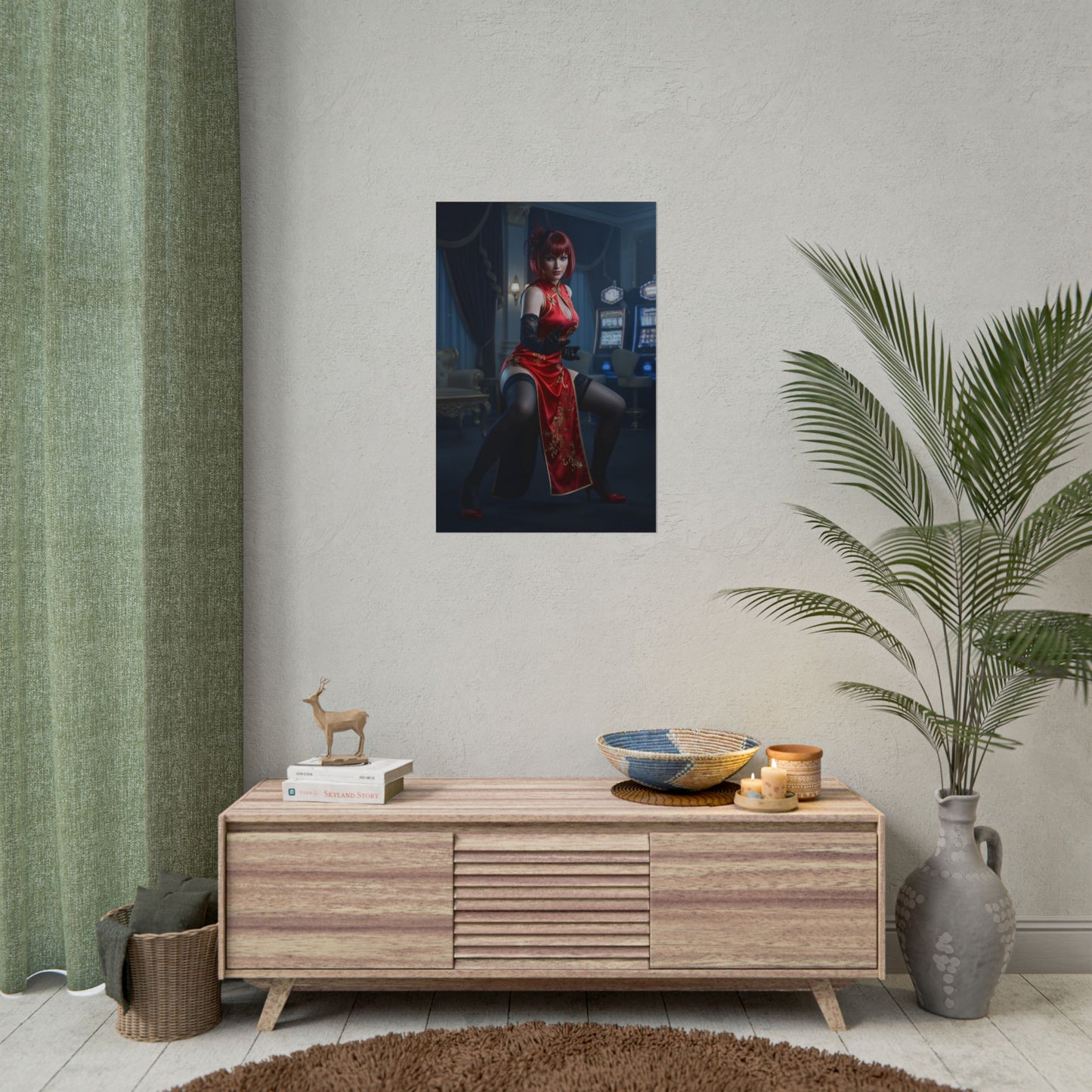 Anna Williams Tekken Poster – Iconic Fighting Game Heroine Wall Art showing red-dressed character print in modern gaming room decor