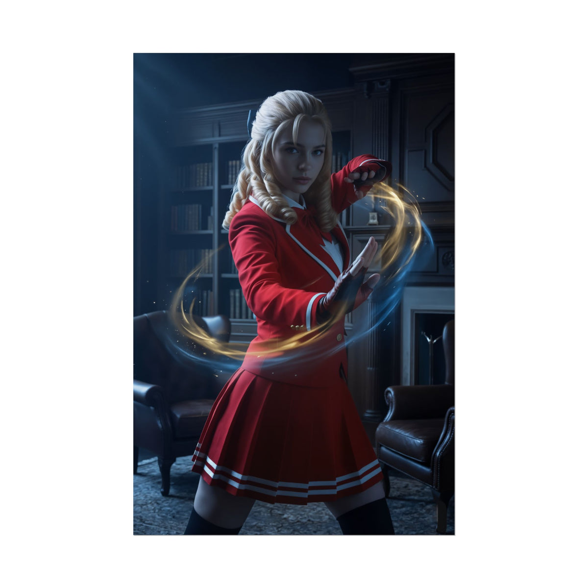 Karin Poster, Street Fighter Art Print  Iconic Fighting Game Heroine in red school uniform casting energy spell, high-resolution wall art