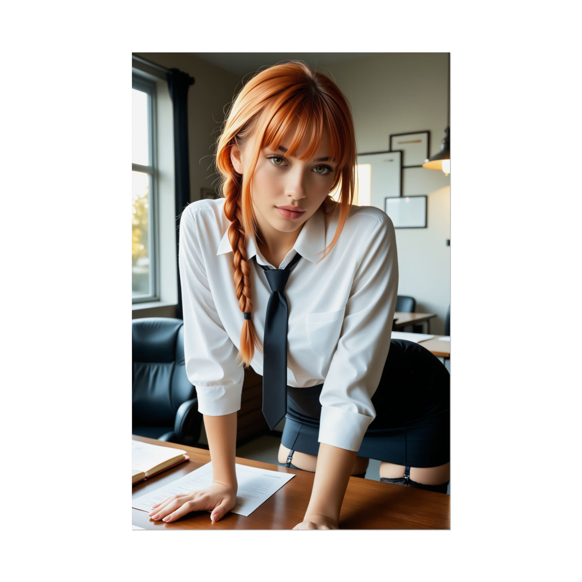 Makima Poster  Iconic Anime Heroine Wall Art for Bedroom or Office Decor, minimalist high-res portrait print of Makima in office setting