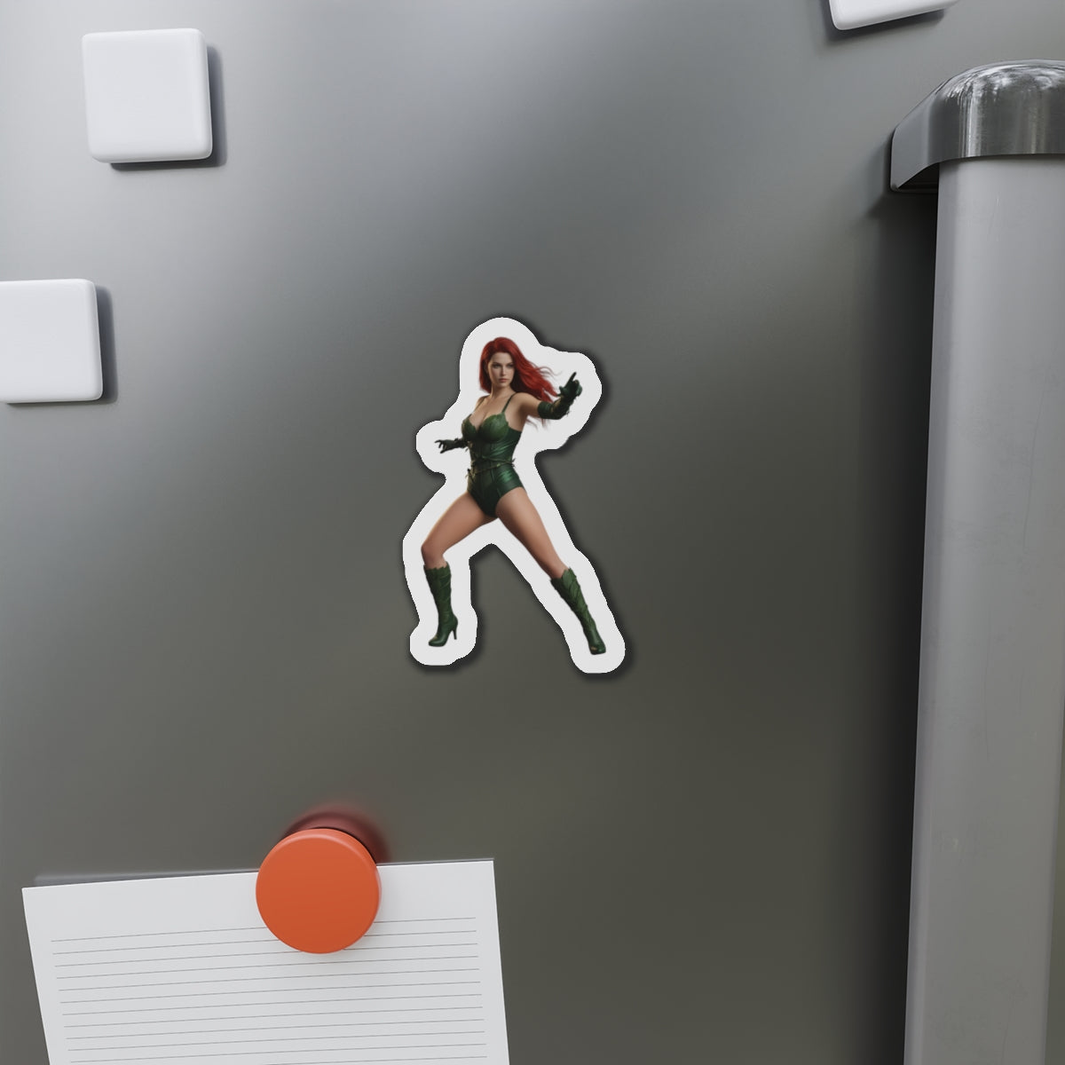 Poison Ivy Magnet – DC Comic Villain Fridge Magnet, Anime Style Decor – die-cut vinyl fridge magnet showing anime-style Poison Ivy on gray fridge