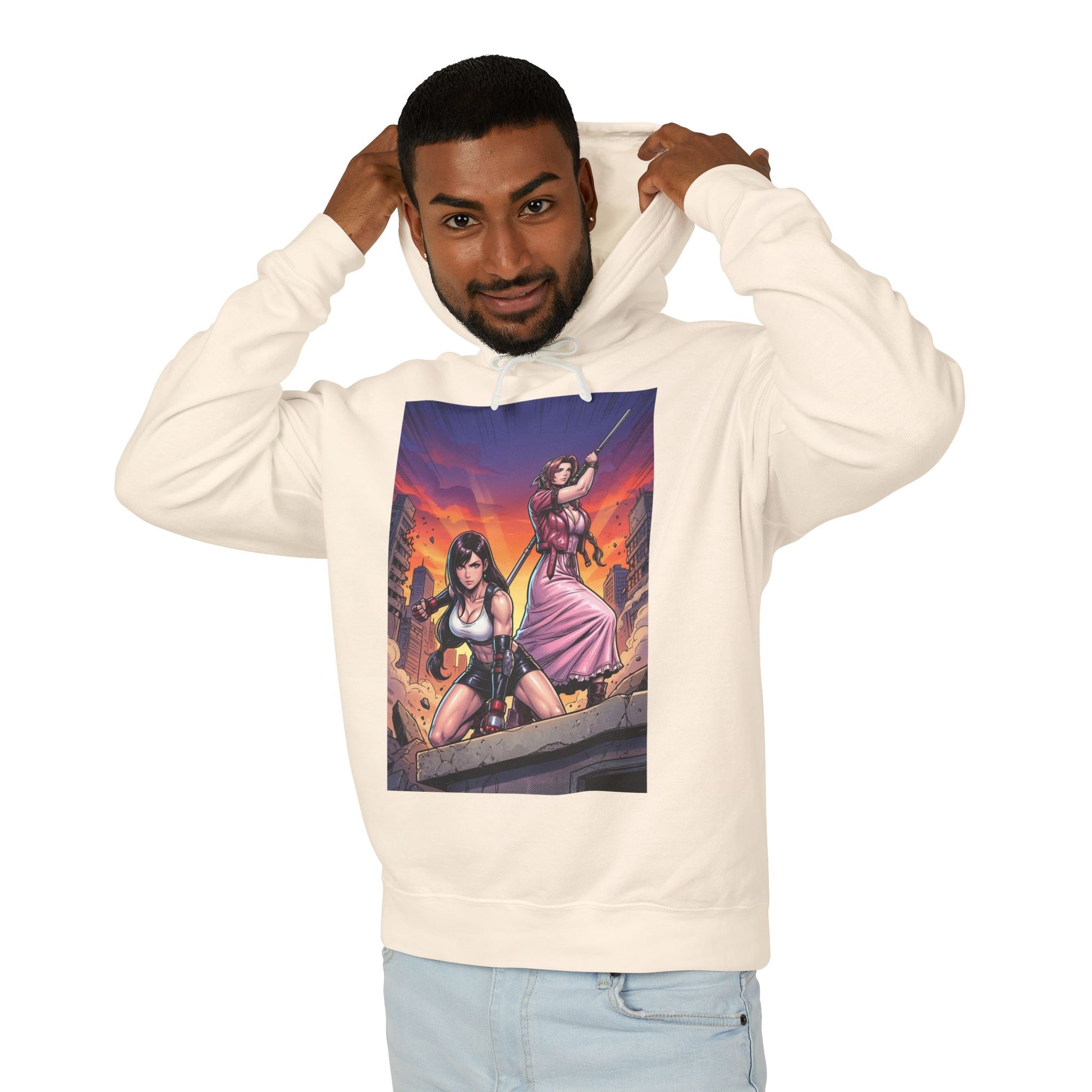 Tifa & Aerith Hoodie | Final Fantasy Heroine Hoodie | Legendary Duo Pullover modeled on a cream pullover showing Tifa and Aerith artwork