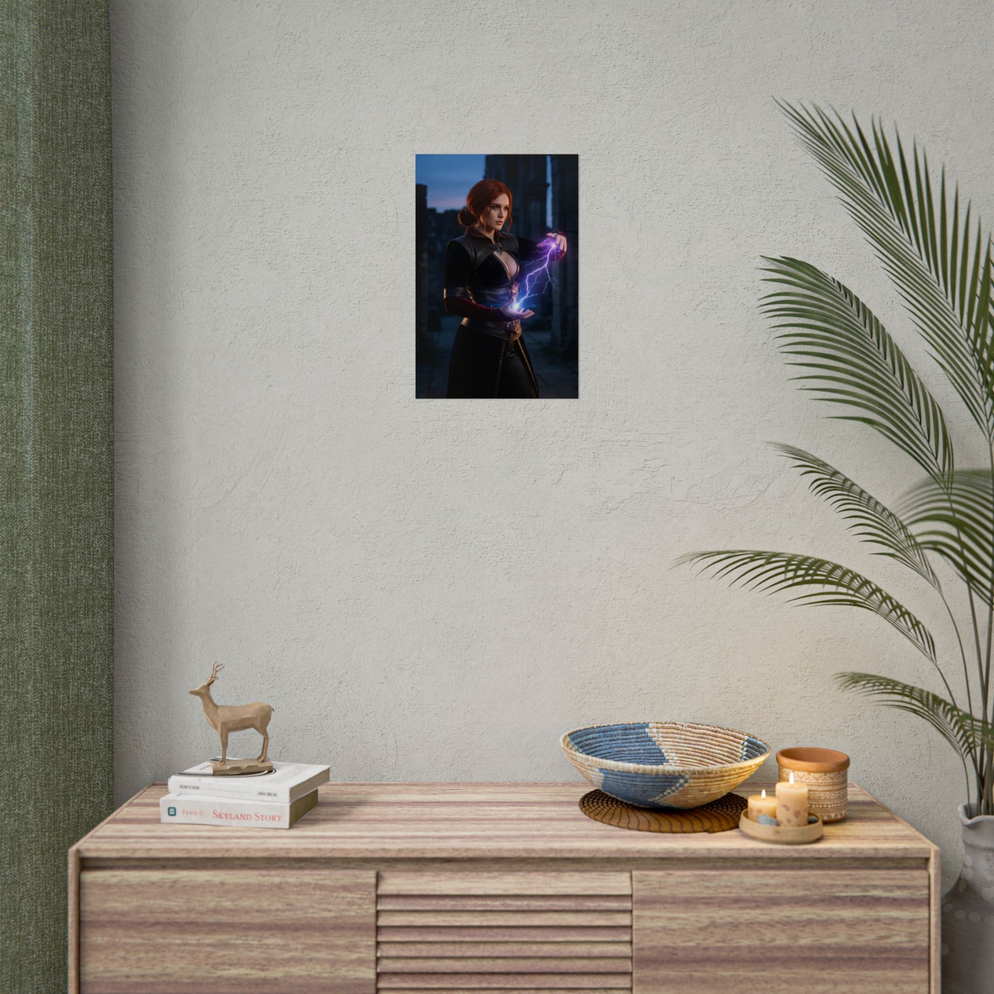Triss Merigold Poster, The Witcher Art Print – Iconic Mage Heroine Wall Art framed on modern wall above console, gamer room decor