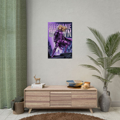 Stephanie Brown Poster / Stephanie Brown Wall Art / Stephanie Brown Art Print / DC Comics Poster featuring Batgirl-ready heroine in purple armor against a bold city backdrop