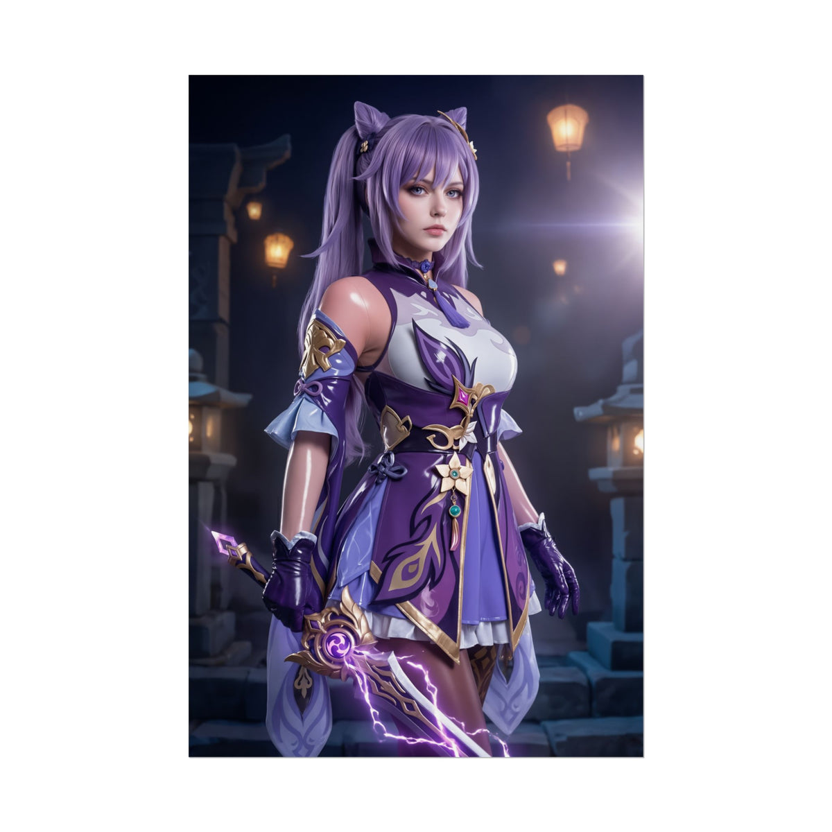 Keqing Poster, Genshin Impact Art Print  Iconic Electro Heroine Wall Art vibrant purple-clad Keqing with glowing electro sword, gaming room wall art