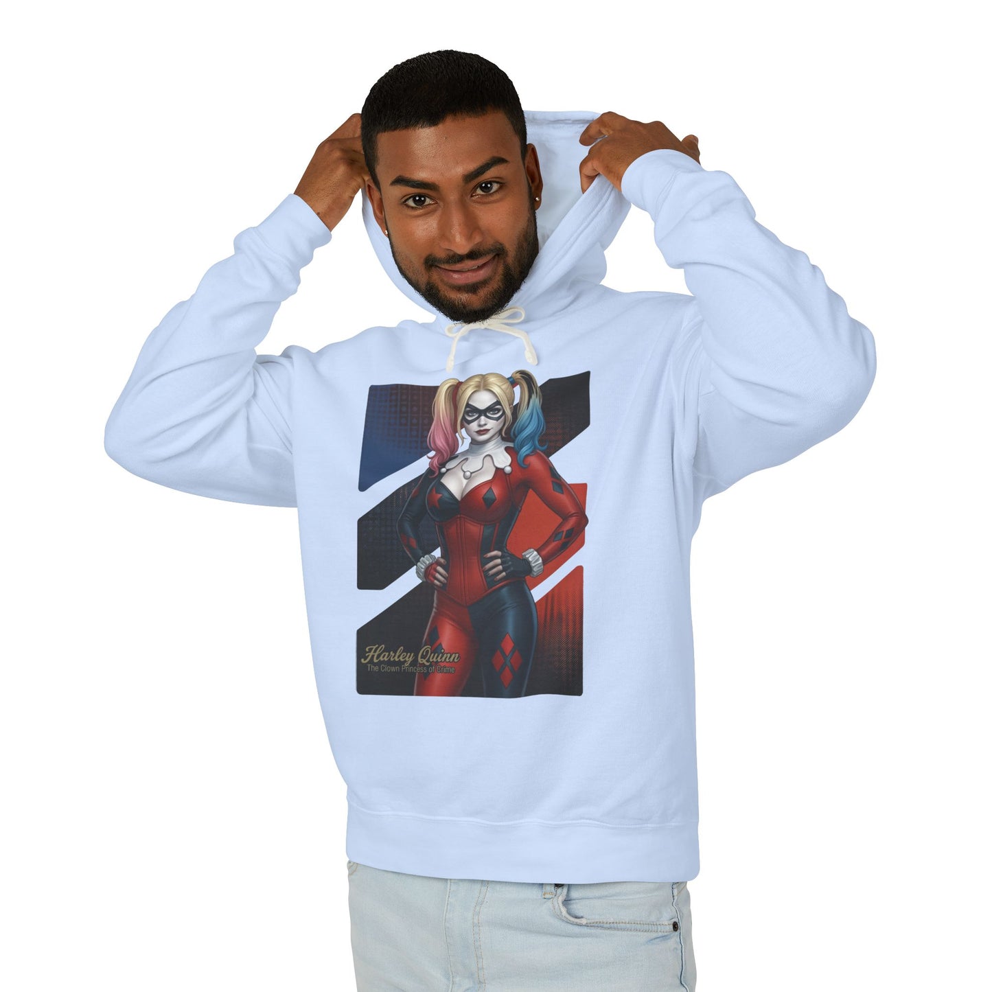 Harley Quinn Hoodie | DC Comics Hoodie | Anime Villain Girl Pullover model wearing light blue pullover with bold Harley Quinn anime illustration