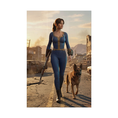Lucy Fallout Poster, Fallout Wall Art Print – Gamer Decor featuring female vault suit character with rifle and dog in post-apocalyptic street