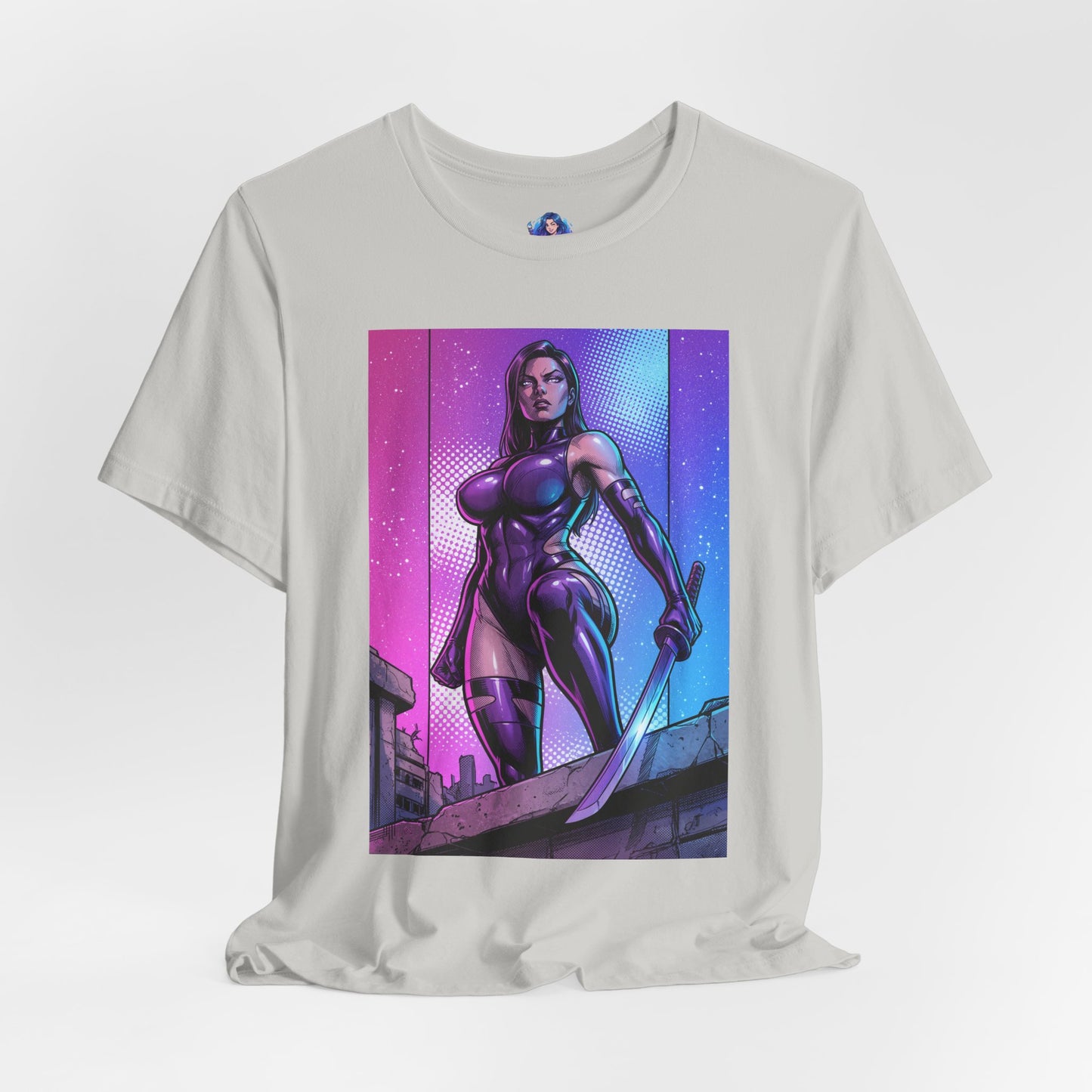 Psylocke T-Shirt | X-Men Anime Style Comic Tee showing Psylocke in a sleek bodysuit with blade against a vibrant split-color backdrop on Bella Canvas tee