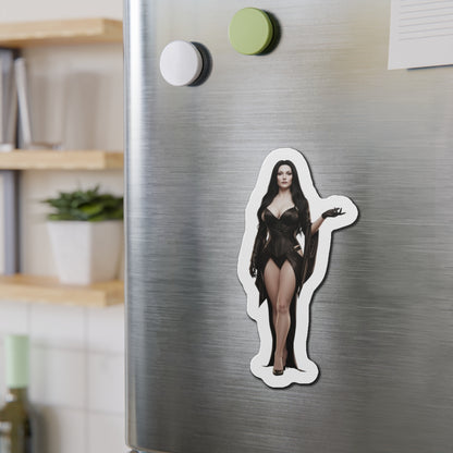 Morticia Addams Magnet – Gothic Icon Fridge Magnet, Anime Style Decor on stainless fridge showing anime-style die-cut vinyl magnet of Morticia Addams