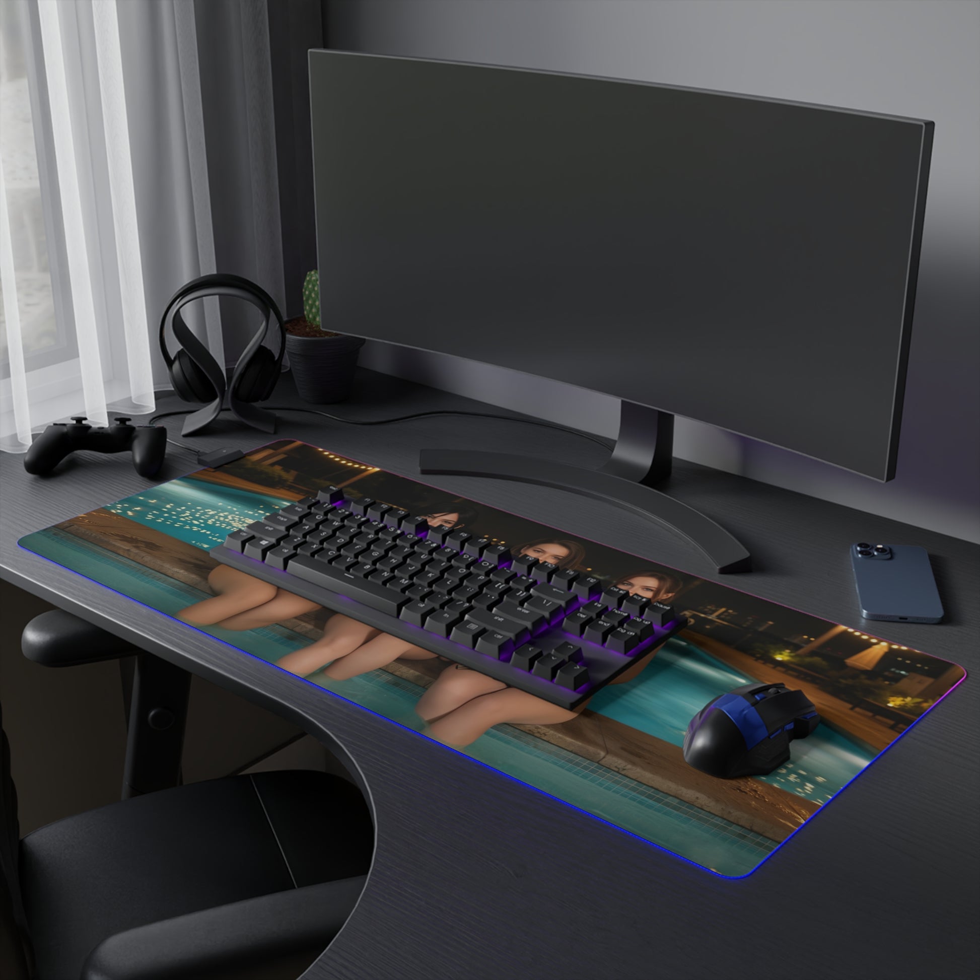 Ada Wong, Claire Redfield & Jill Valentine Desk Mat – LED RGB Pad showing trio character artwork on extended gaming desk mat with RGB edge lighting
