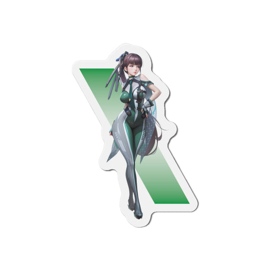 Eve Stellar Blade Magnet – Anime Sci-Fi Heroine Fridge Magnet, Gamer Decor die-cut vinyl magnet showing futuristic anime heroine on green background