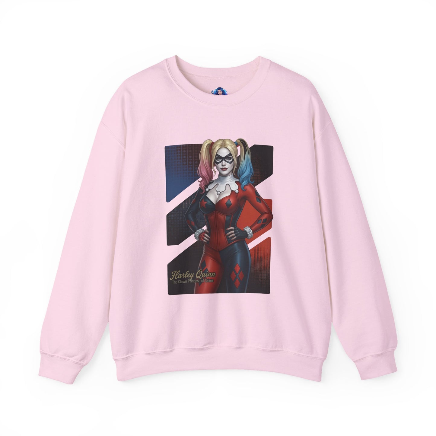Harley Quinn Sweatshirt, DC Comics Crewneck, Iconic Comic Apparel for Fans — pink crewneck with classic red-and-black Harley Quinn artwork