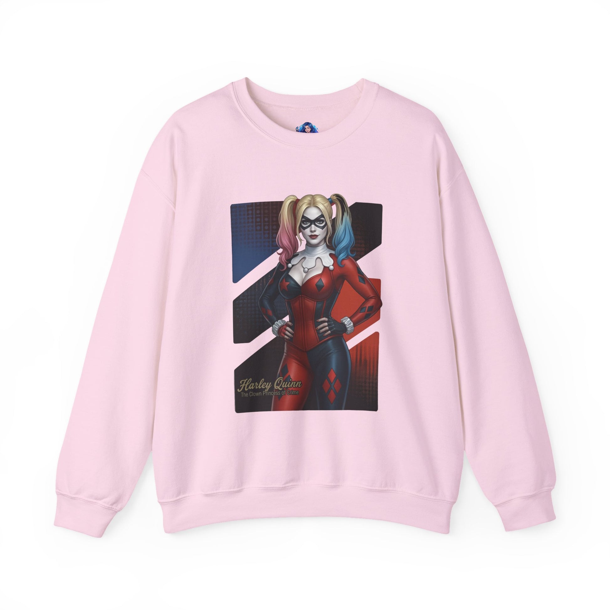 Harley Quinn Sweatshirt, DC Comics Crewneck, Iconic Comic Apparel for Fans — pink crewneck with classic red-and-black Harley Quinn artwork