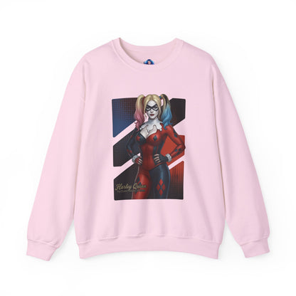 Harley Quinn Sweatshirt, DC Comics Crewneck, Iconic Comic Apparel for Fans — pink crewneck with classic red-and-black Harley Quinn artwork