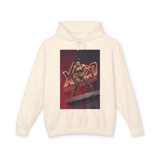 X-23 Hoodie | Marvel Superhero Hoodie | Feral Assassin Pullover beige pullover with graphic of fierce mutant assassin standing on rooftop