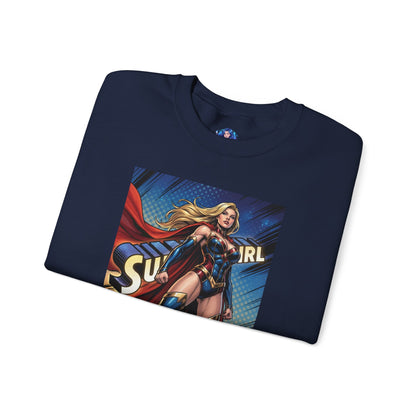 Supergirl Sweatshirt, DC Comics Crewneck, Iconic Superhero Fan Apparel - navy crewneck with bold comic art of Supergirl in red cape, blonde hair