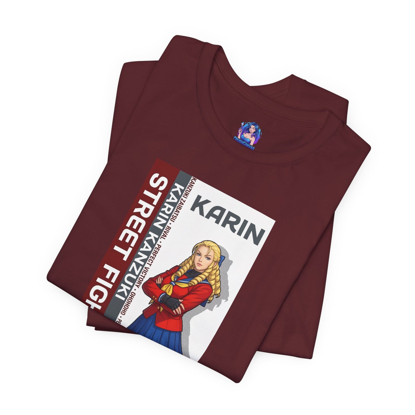 Alt Tag: Karin Kanzuki T-Shirt | Street Fighter Anime Tee for Gamers & Fighting Game Fans - burgundy tee with elegant Karin illustration folded