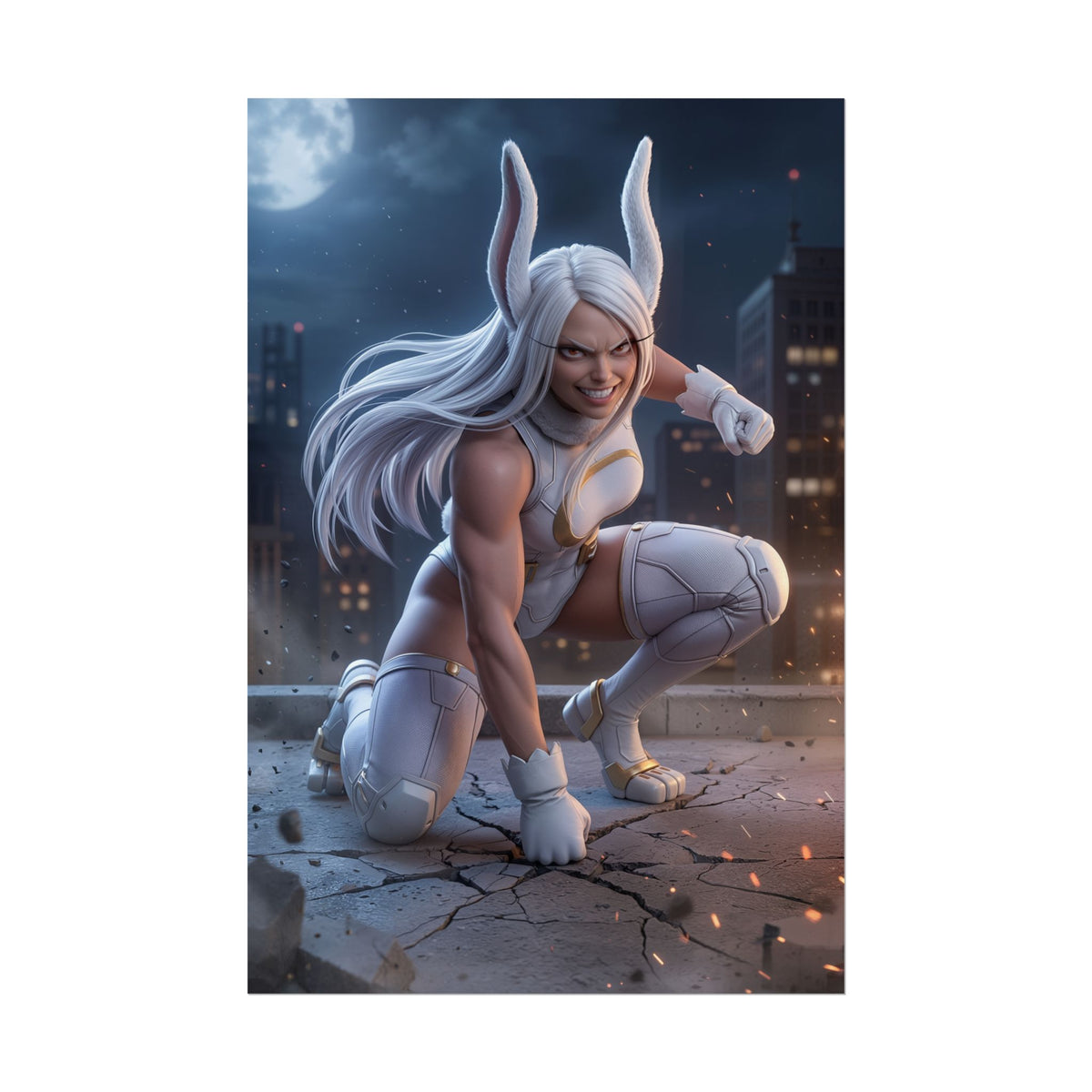 Mirko Poster, My Hero Academia Art Print  Anime Heroine Wall Art showing dynamic crouching Mirko character in white costume against city night background